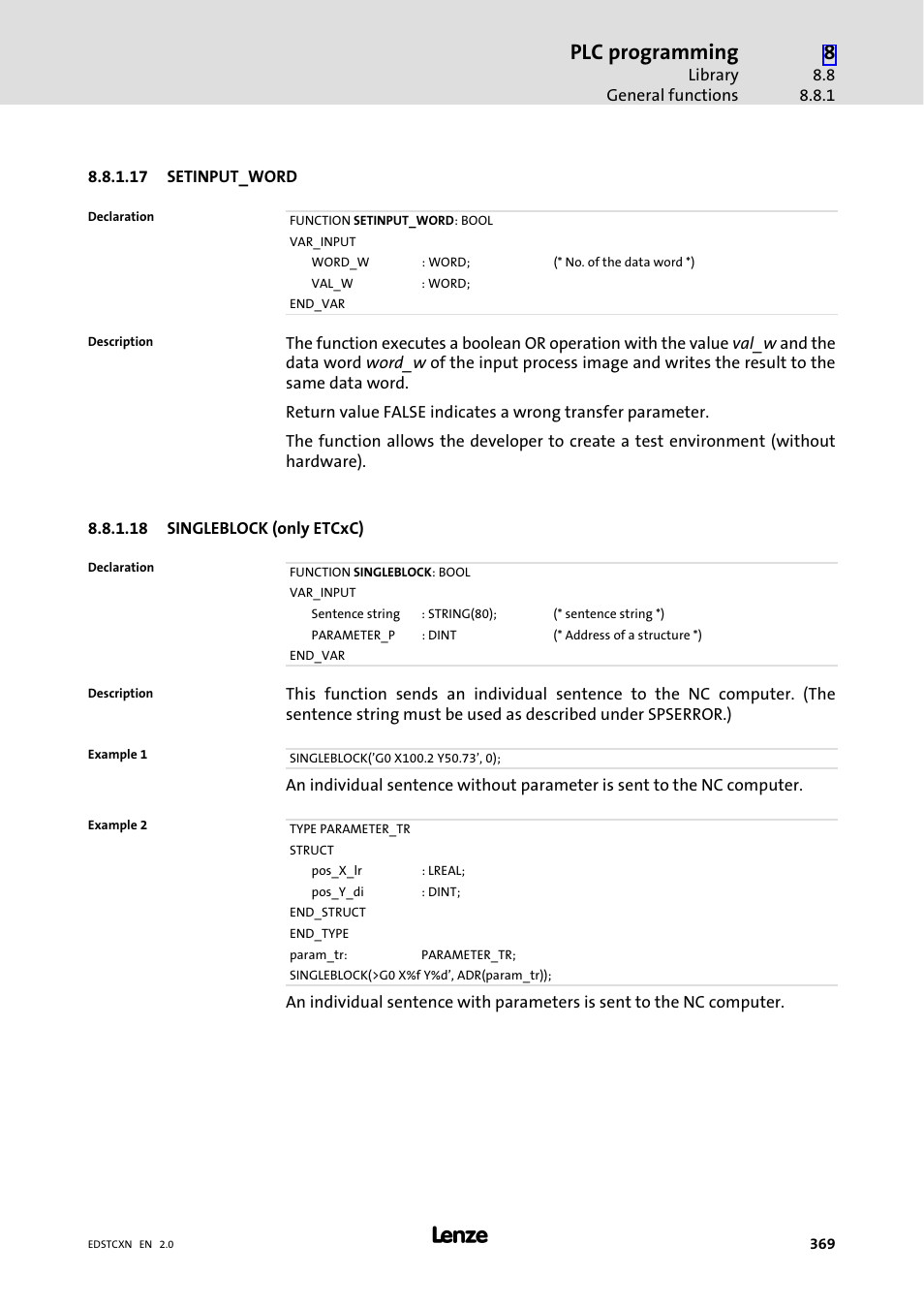Plc programming | Lenze ETC Motion Control User Manual | Page 369 / 428