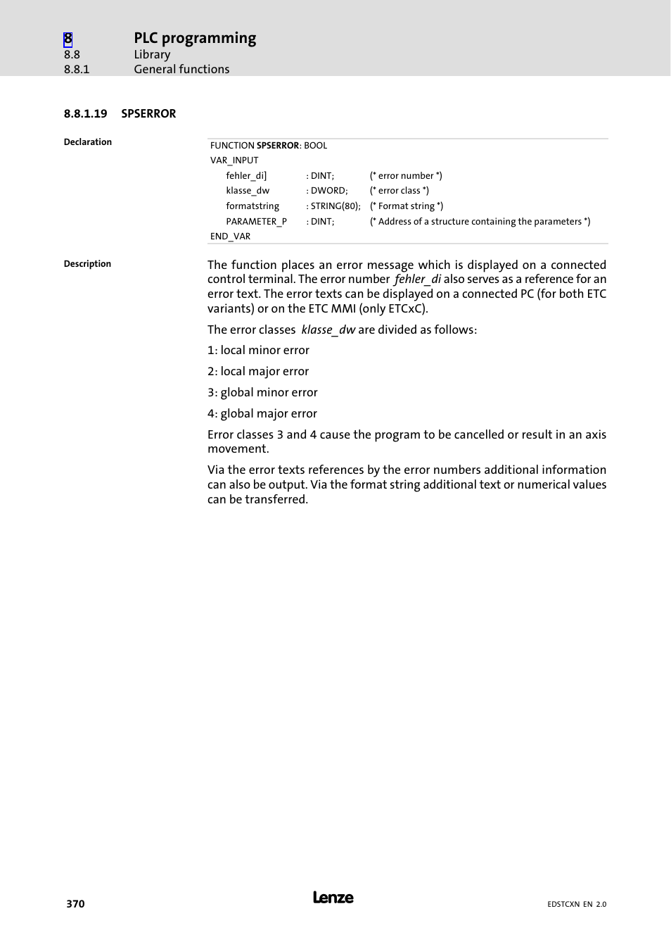 Plc programming | Lenze ETC Motion Control User Manual | Page 370 / 428