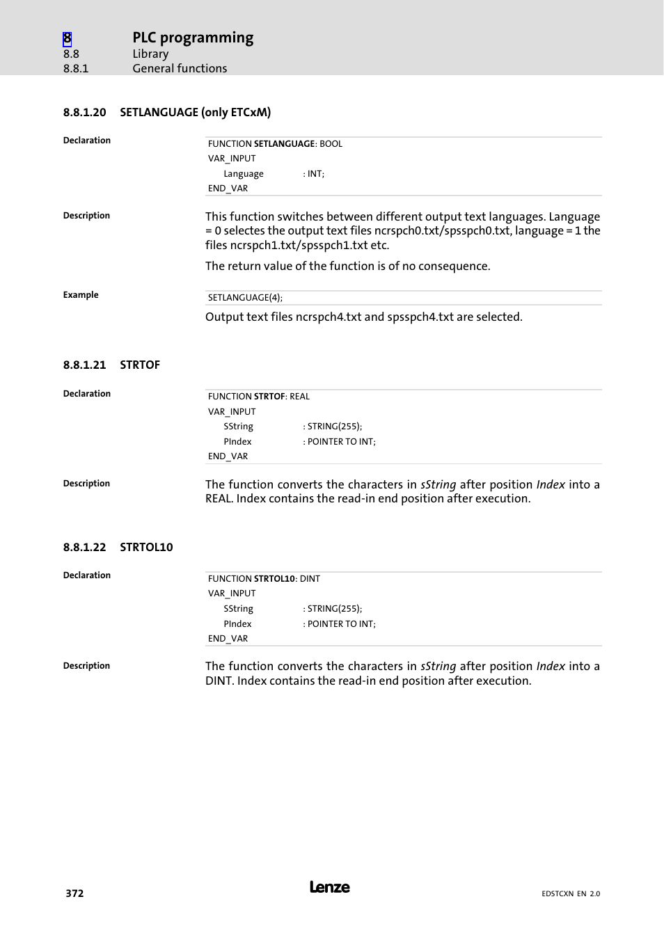 Plc programming | Lenze ETC Motion Control User Manual | Page 372 / 428