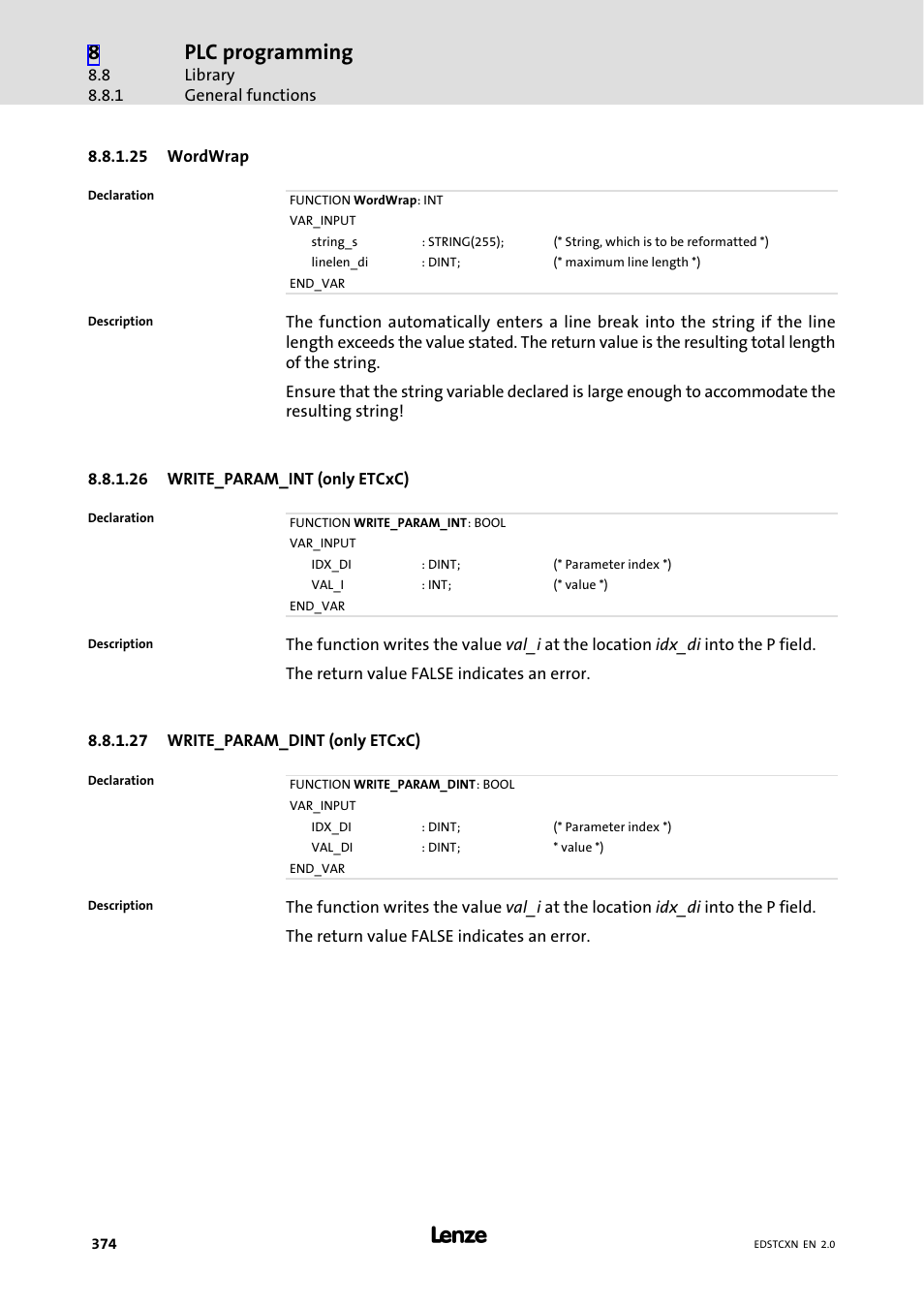 Plc programming | Lenze ETC Motion Control User Manual | Page 374 / 428