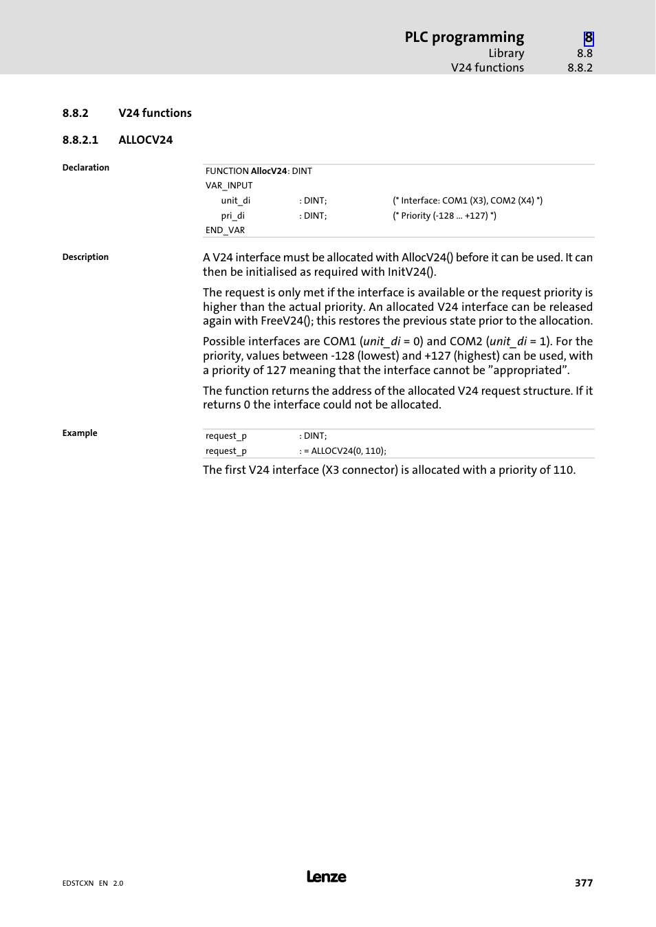 2 v24 functions, V24 functions, Plc programming | Lenze ETC Motion Control User Manual | Page 377 / 428