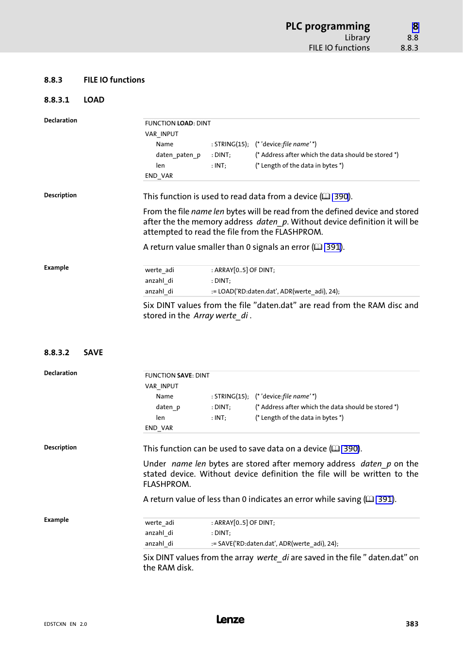 3 file io functions, File io functions, Plc programming | Lenze ETC Motion Control User Manual | Page 383 / 428