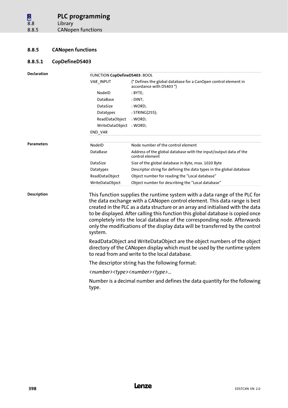 5 canopen functions, Canopen functions, Plc programming | Lenze ETC Motion Control User Manual | Page 398 / 428