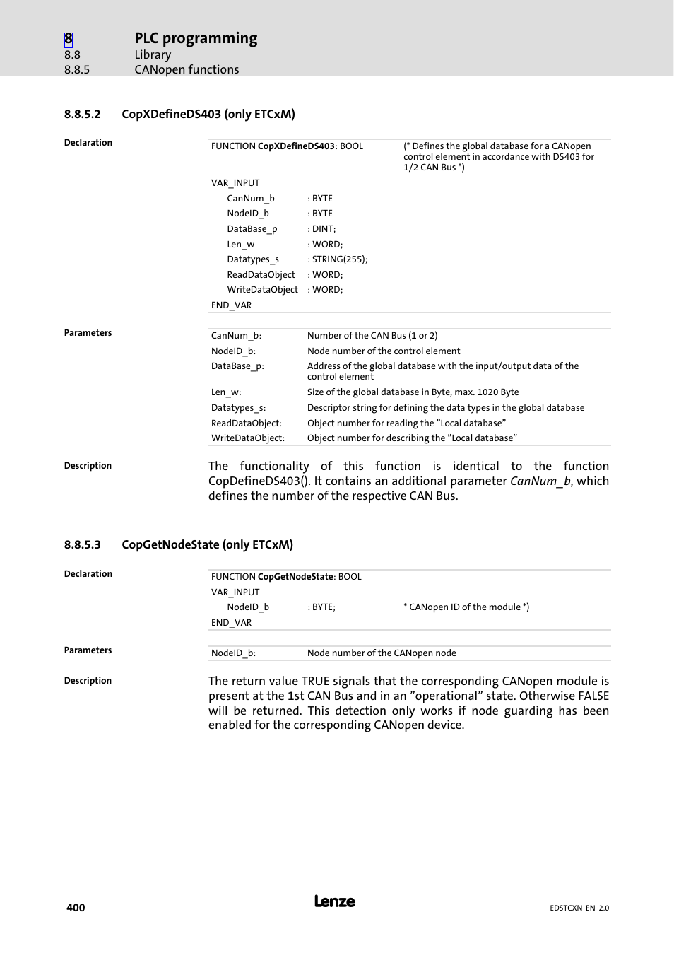 Plc programming | Lenze ETC Motion Control User Manual | Page 400 / 428