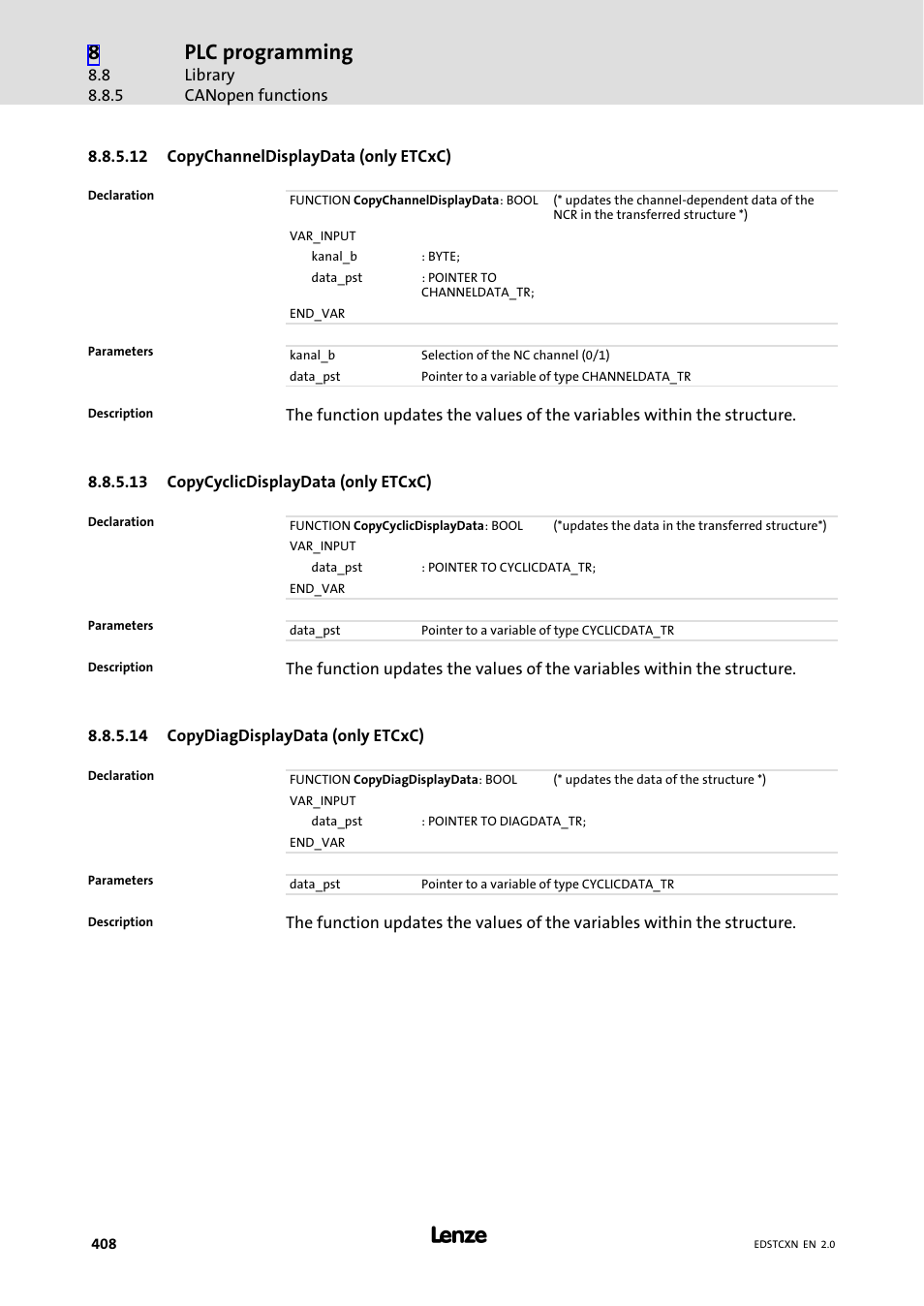 Plc programming | Lenze ETC Motion Control User Manual | Page 408 / 428