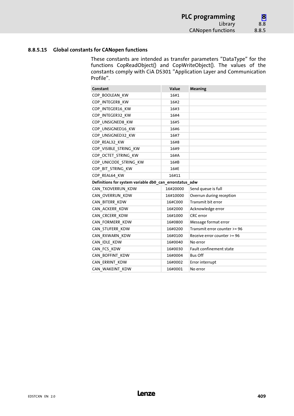 Plc programming | Lenze ETC Motion Control User Manual | Page 409 / 428