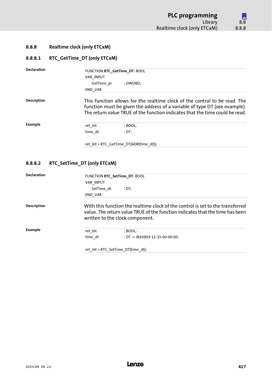 8 realtime clock (only etcxm), Realtime clock (only etcxm), Plc programming | Lenze ETC Motion Control User Manual | Page 417 / 428