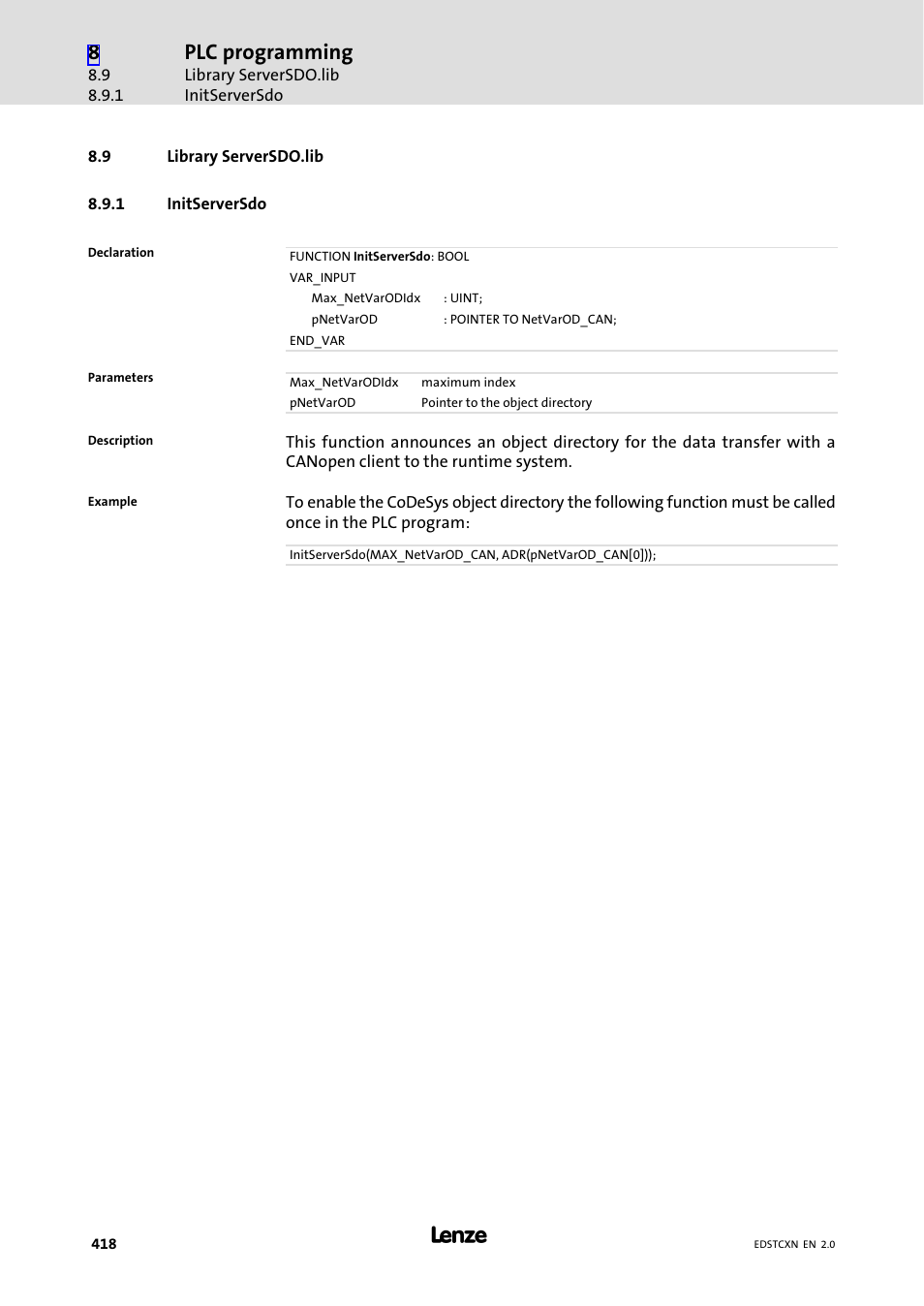 9 library serversdo.lib, 1 initserversdo, Library serversdo.lib | Initserversdo, Plc programming | Lenze ETC Motion Control User Manual | Page 418 / 428