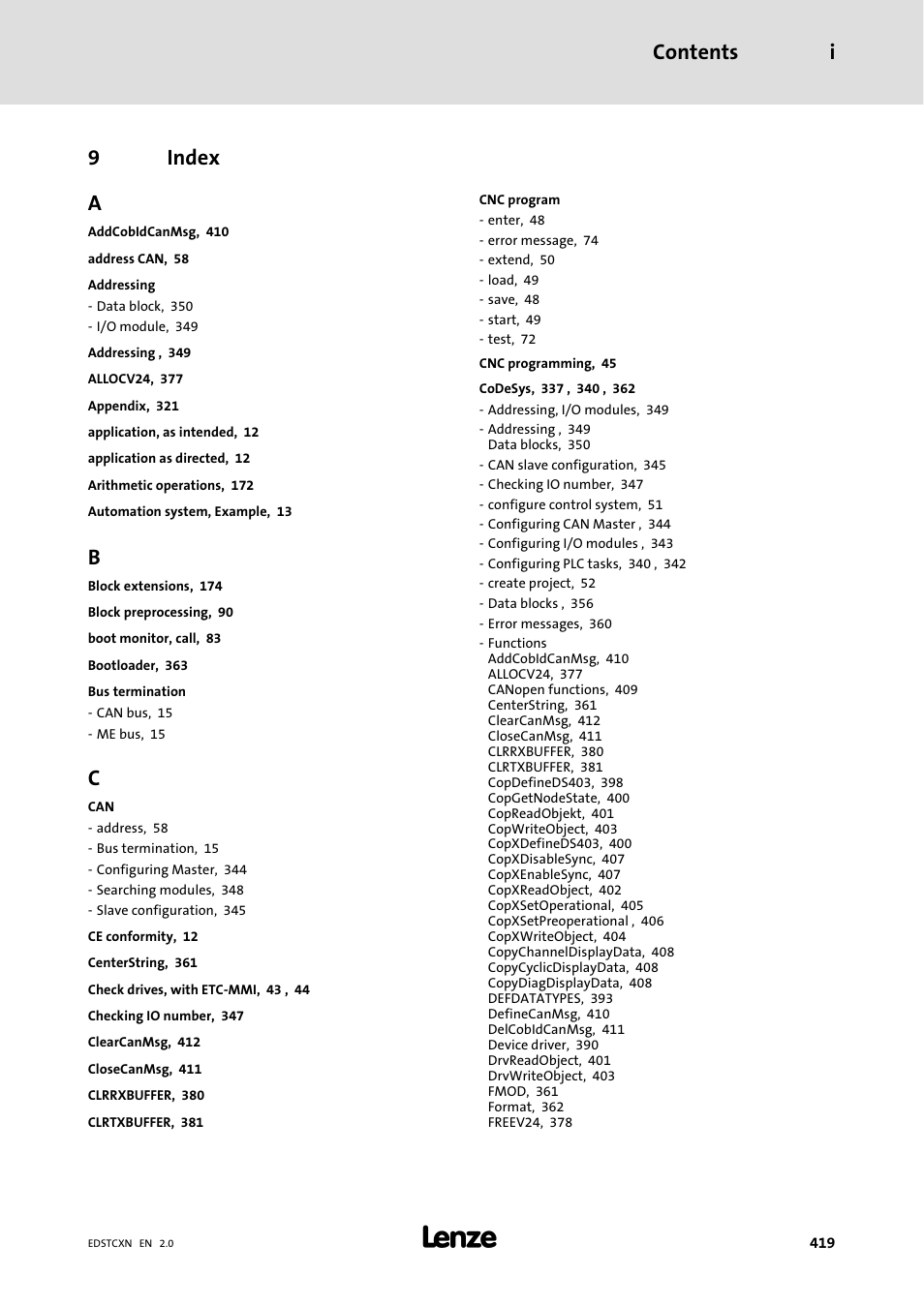 9 index, Index, Contents i | 9index a | Lenze ETC Motion Control User Manual | Page 419 / 428