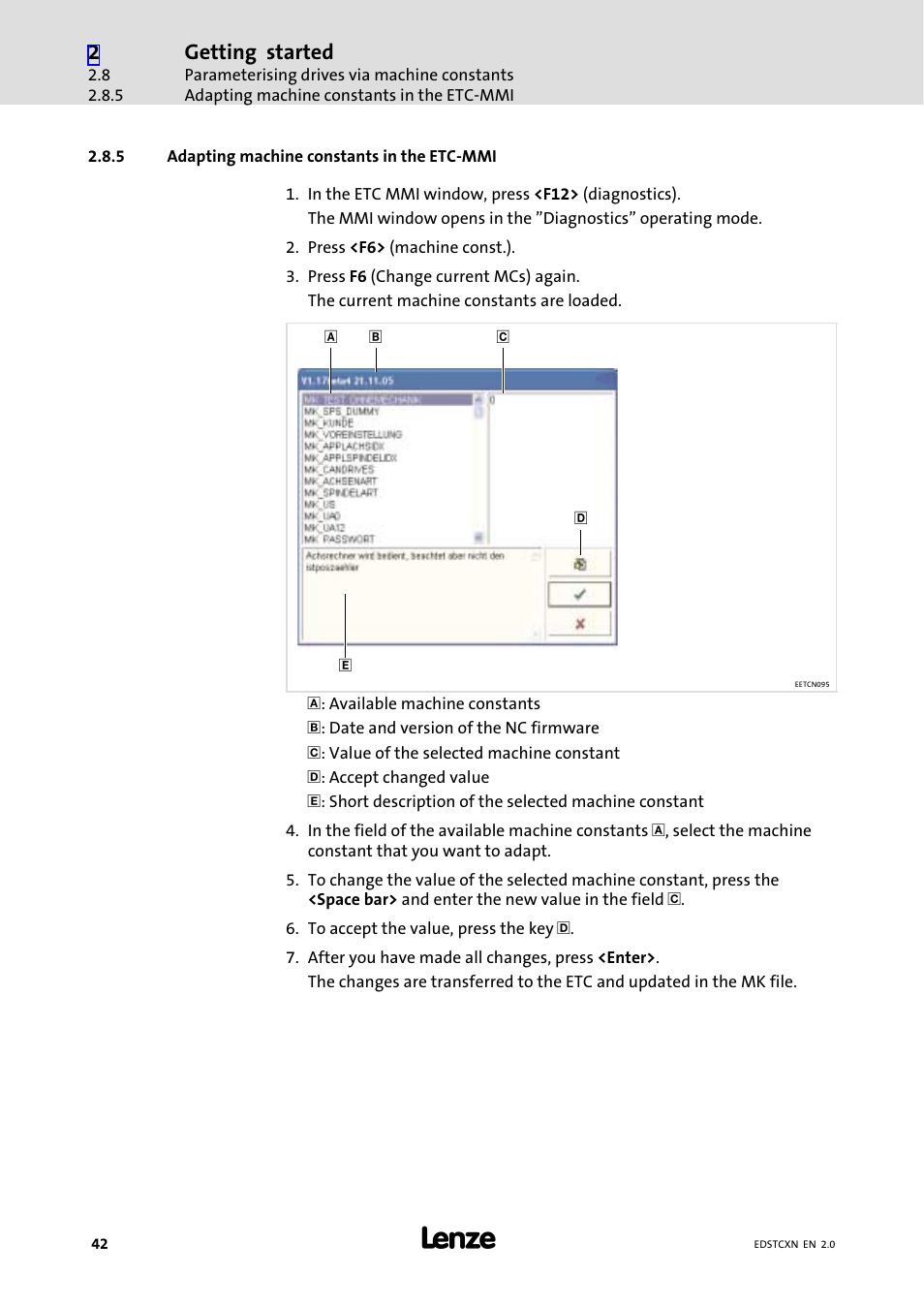 5 adapting machine constants in the etc-mmi, Adapting machine constants in the etc−mmi, Getting started | Lenze ETC Motion Control User Manual | Page 42 / 428