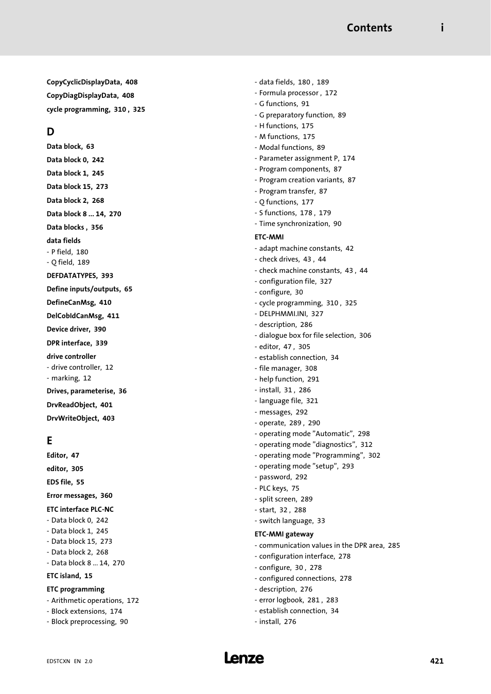 Contents i | Lenze ETC Motion Control User Manual | Page 421 / 428