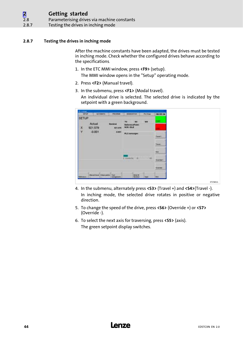 7 testing the drives in inching mode, Testing the drives in inching mode, Getting started | Lenze ETC Motion Control User Manual | Page 44 / 428