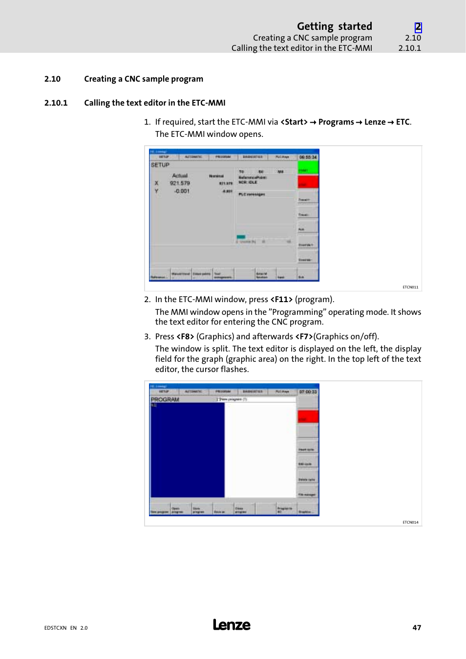 10 creating a cnc sample program, 1 calling the text editor in the etc-mmi, Creating a cnc sample program | Calling the text editor in the etc−mmi, Getting started | Lenze ETC Motion Control User Manual | Page 47 / 428