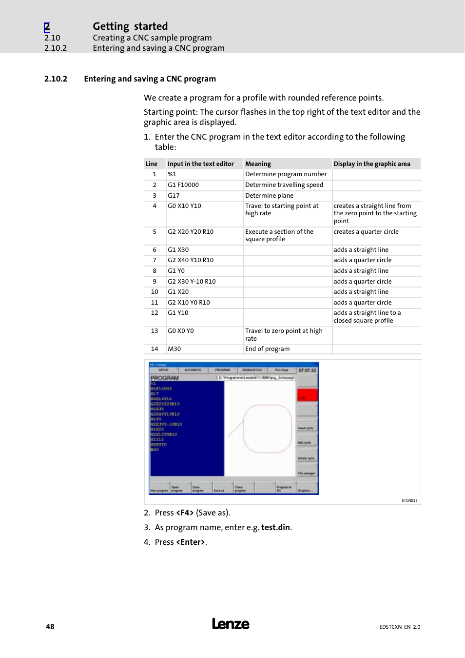 2 entering and saving a cnc program, Entering and saving a cnc program, Getting started | Lenze ETC Motion Control User Manual | Page 48 / 428