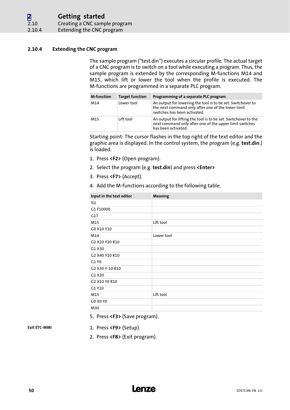 4 extending the cnc program, Extending the cnc program, Getting started | Lenze ETC Motion Control User Manual | Page 50 / 428