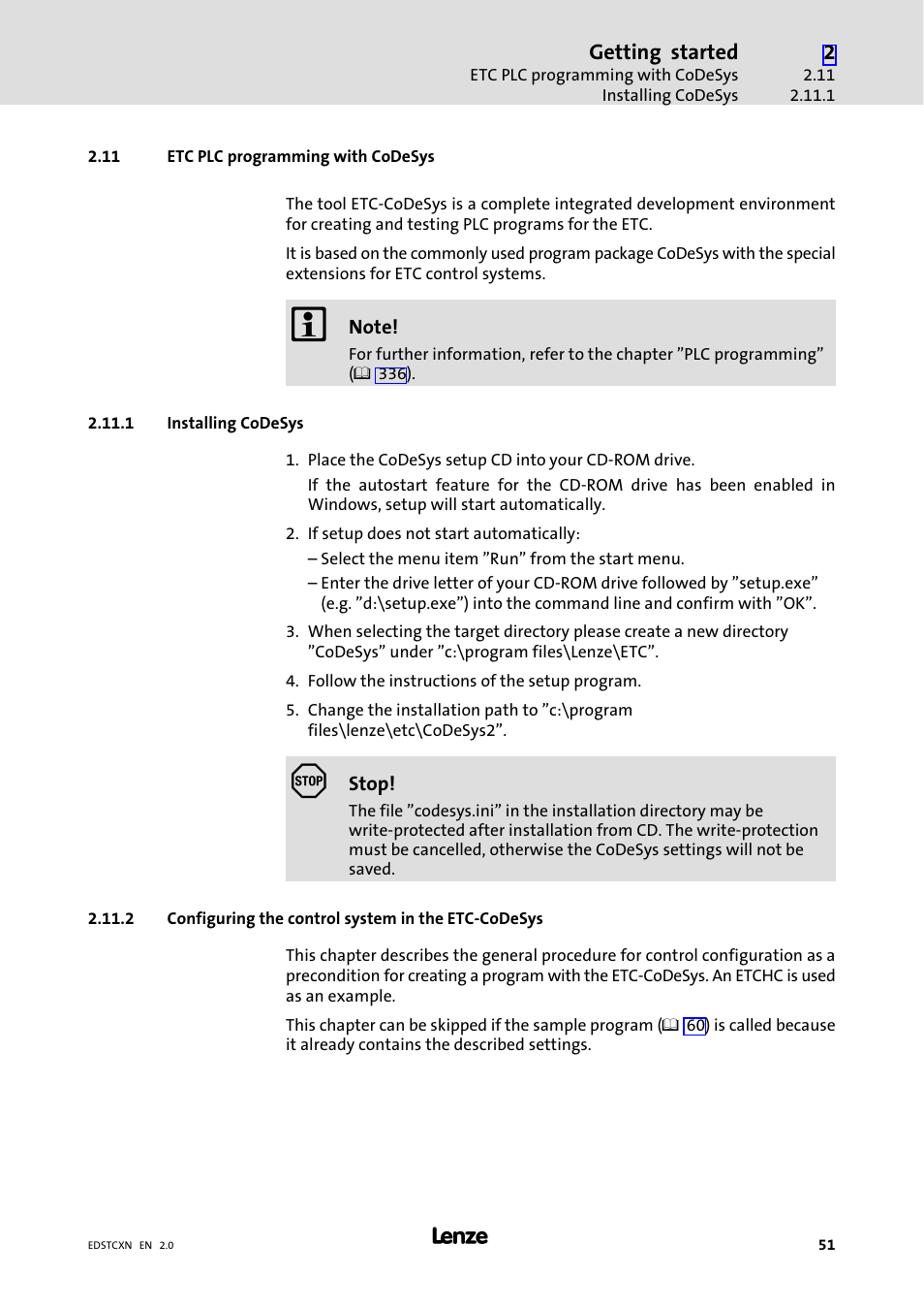 11 etc plc programming with codesys, 1 installing codesys, Etc plc programming with codesys | Installing codesys, Configuring the control system in the etc−codesys | Lenze ETC Motion Control User Manual | Page 51 / 428
