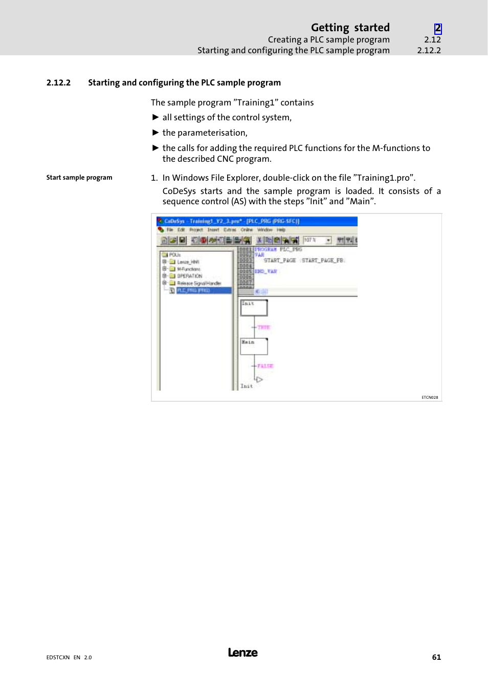 2 starting and configuring the plc sample program, Starting and configuring the plc sample program, Getting started | Lenze ETC Motion Control User Manual | Page 61 / 428