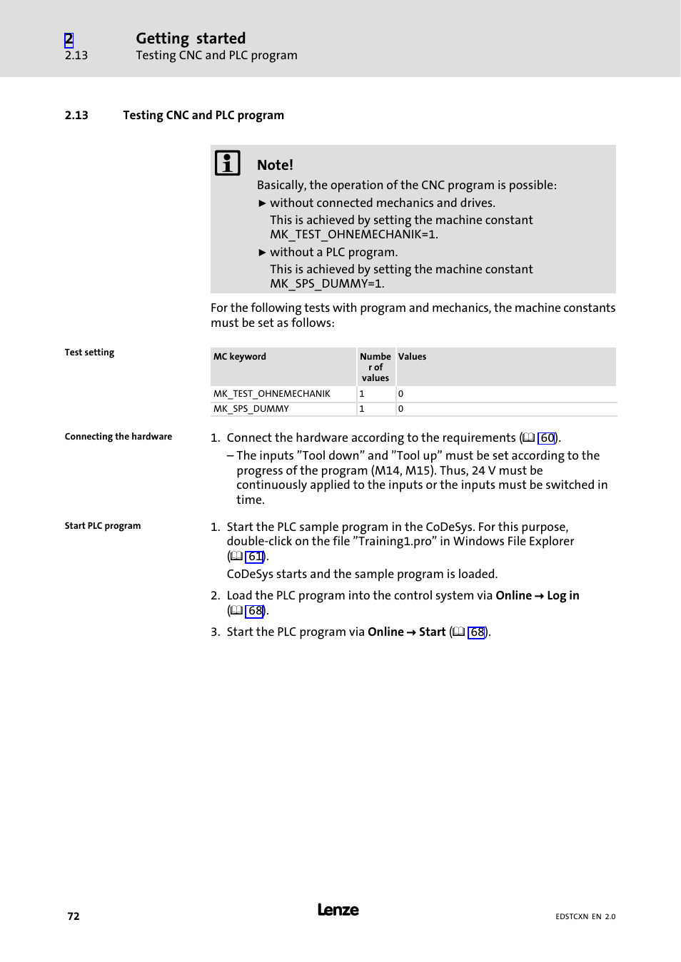 13 testing cnc and plc program, Testing cnc and plc program, Getting started | Lenze ETC Motion Control User Manual | Page 72 / 428