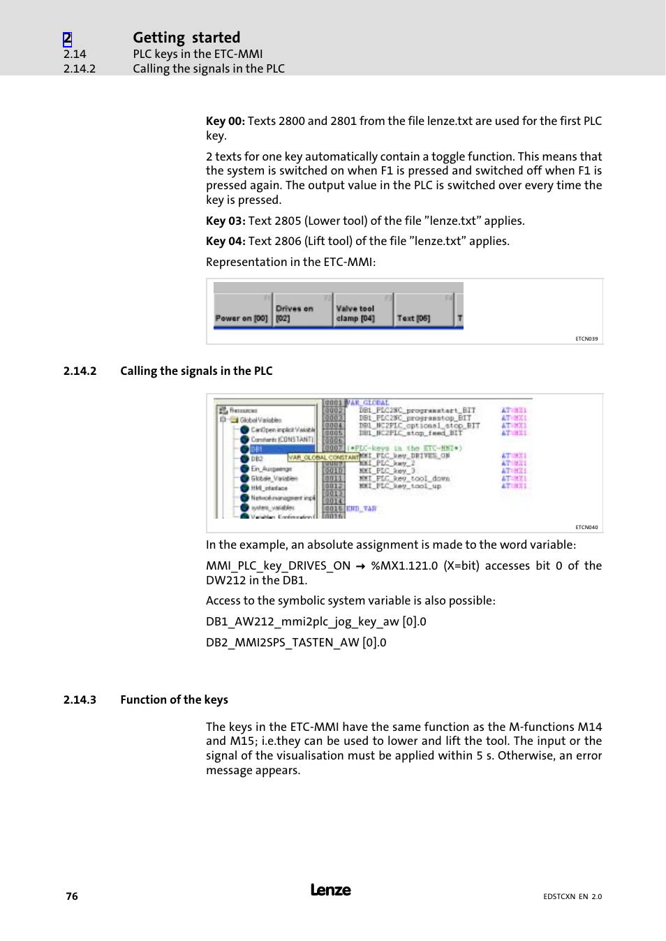 2 calling the signals in the plc, 3 function of the keys, Calling the signals in the plc | Function of the keys, Getting started | Lenze ETC Motion Control User Manual | Page 76 / 428