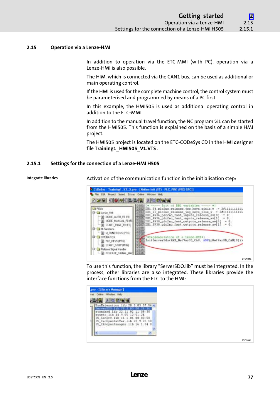 15 operation via a lenze-hmi, 1 settings for the connection of a lenze-hmi h505, Operation via a lenze−hmi | Settings for the connection of a lenze−hmi h505, Getting started | Lenze ETC Motion Control User Manual | Page 77 / 428