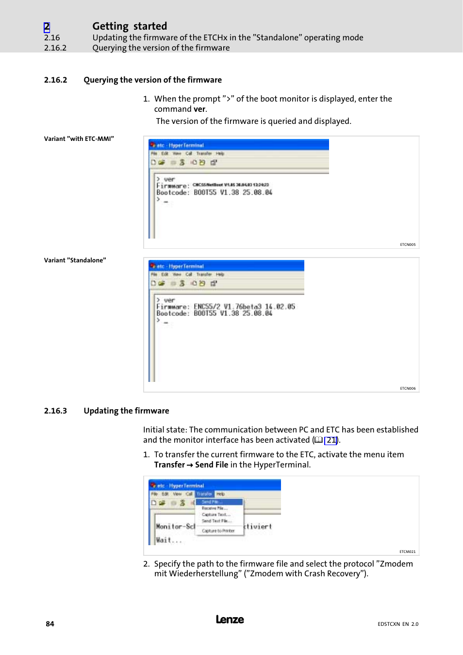 2 querying the version of the firmware, 3 updating the firmware, Querying the version of the firmware | Updating the firmware, Getting started | Lenze ETC Motion Control User Manual | Page 84 / 428