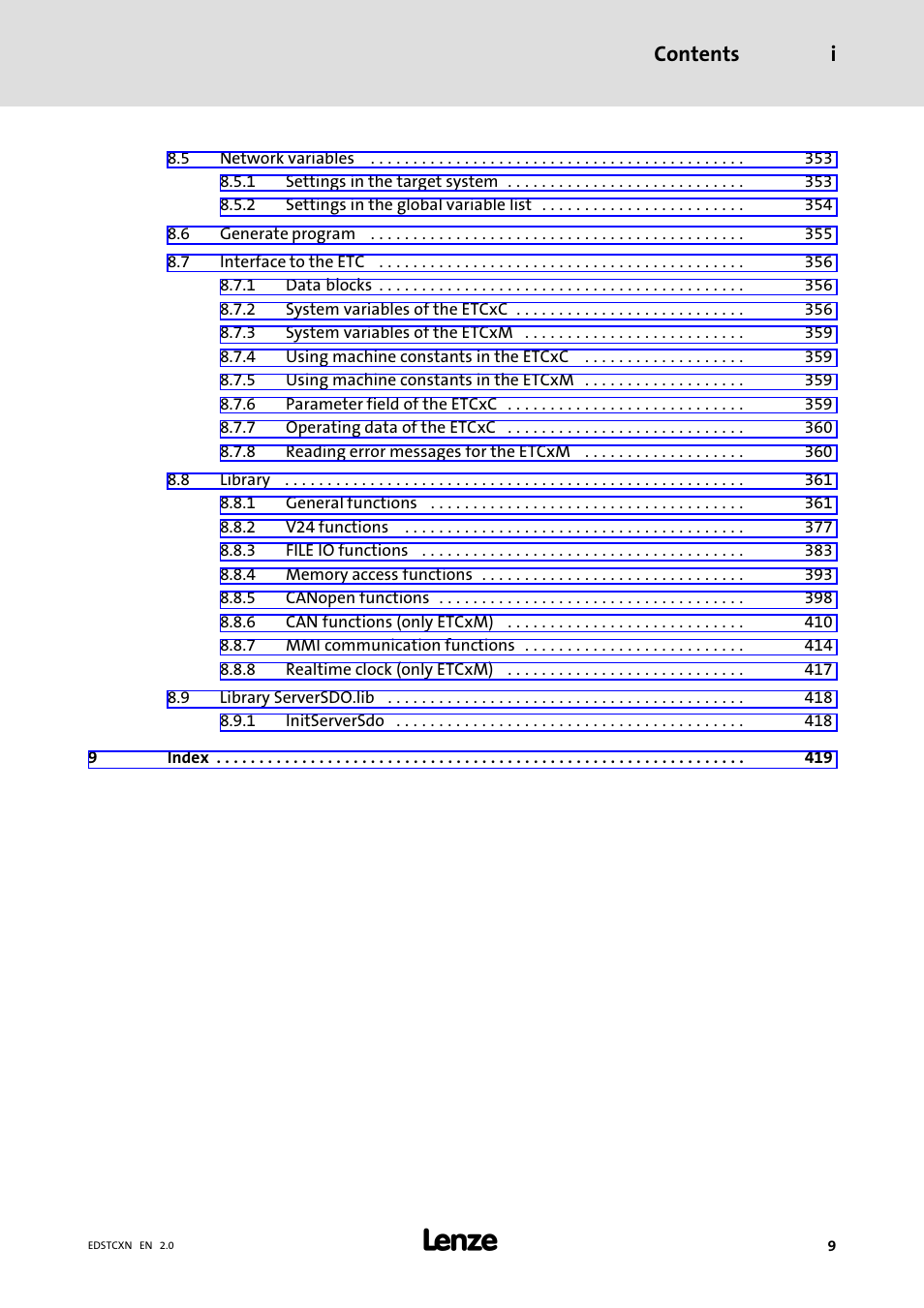 Contents i | Lenze ETC Motion Control User Manual | Page 9 / 428