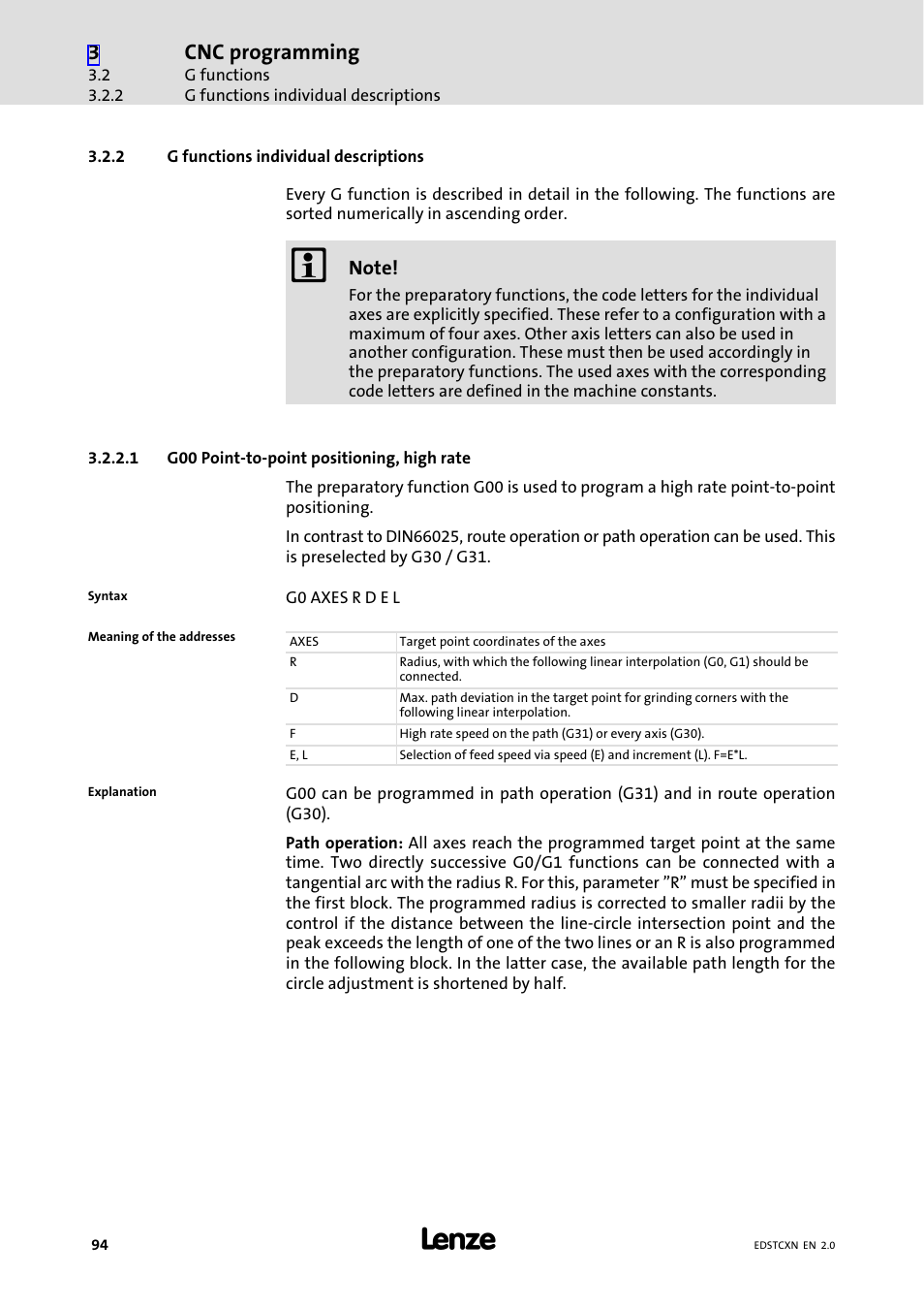 2 g functions individual descriptions, G functions individual descriptions, Cnc programming | Lenze ETC Motion Control User Manual | Page 94 / 428