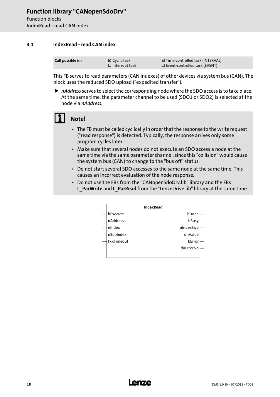 1 indexread - read can index, Indexread - read can index, Indexread | Function library "canopensdodrv | Lenze Function library CANopenSdoDrv User Manual | Page 10 / 26
