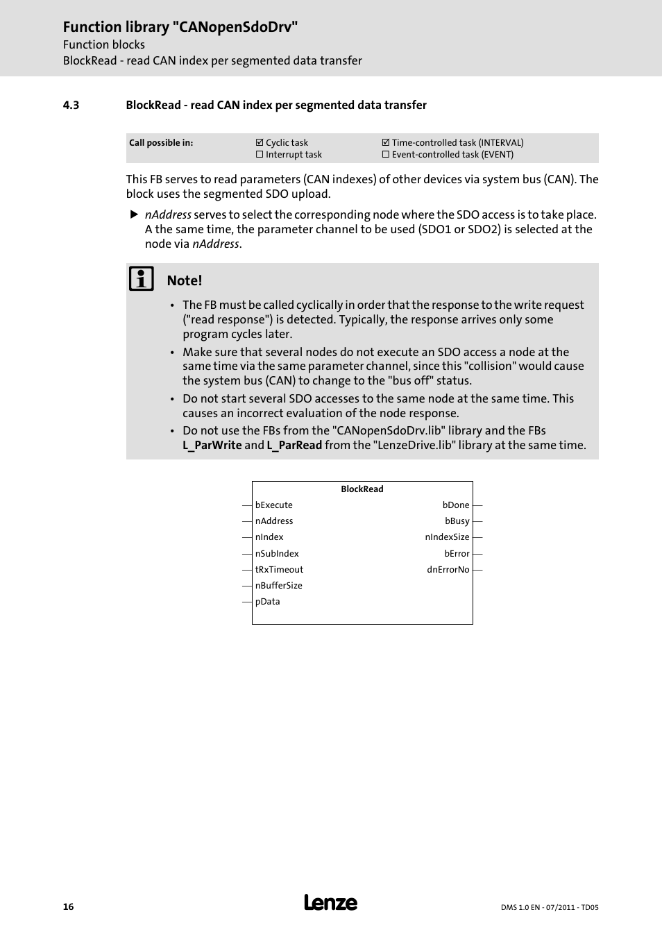 Blockread, Function library "canopensdodrv | Lenze Function library CANopenSdoDrv User Manual | Page 16 / 26