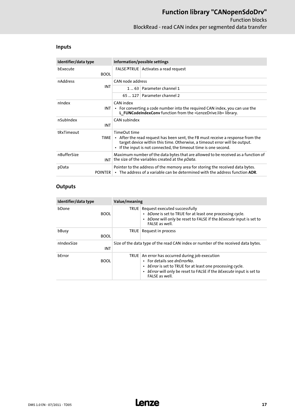 Function library "canopensdodrv | Lenze Function library CANopenSdoDrv User Manual | Page 17 / 26