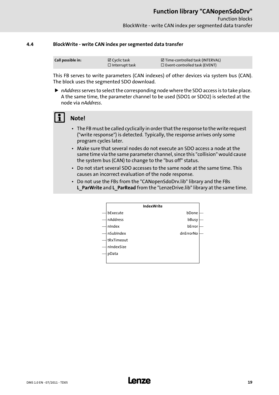 Blockwrite, Function library "canopensdodrv | Lenze Function library CANopenSdoDrv User Manual | Page 19 / 26