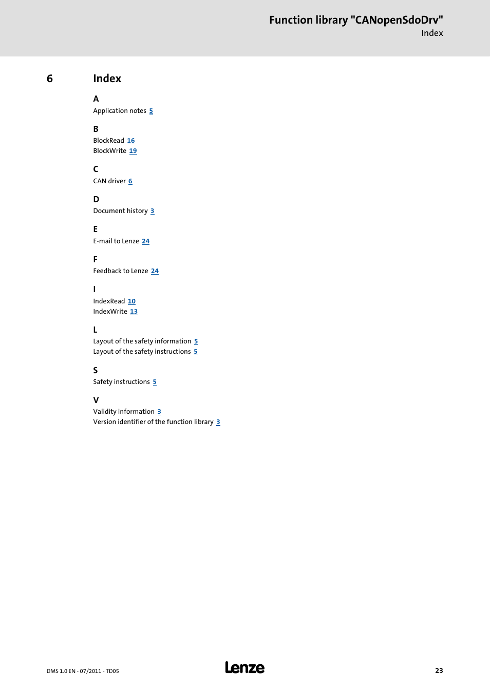 6 index, Index, Function library "canopensdodrv | 6index | Lenze Function library CANopenSdoDrv User Manual | Page 23 / 26