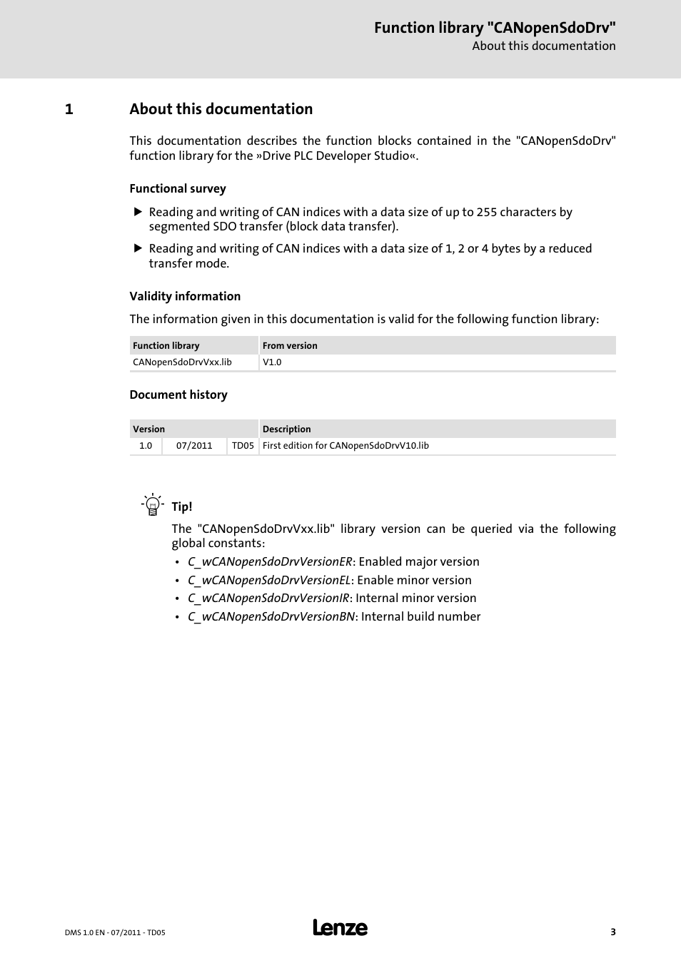 1 about this documentation, About this documentation, Function library "canopensdodrv | 1about this documentation | Lenze Function library CANopenSdoDrv User Manual | Page 3 / 26