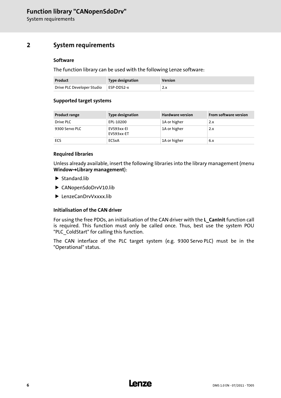 2 system requirements, System requirements, Function library "canopensdodrv | 2system requirements | Lenze Function library CANopenSdoDrv User Manual | Page 6 / 26