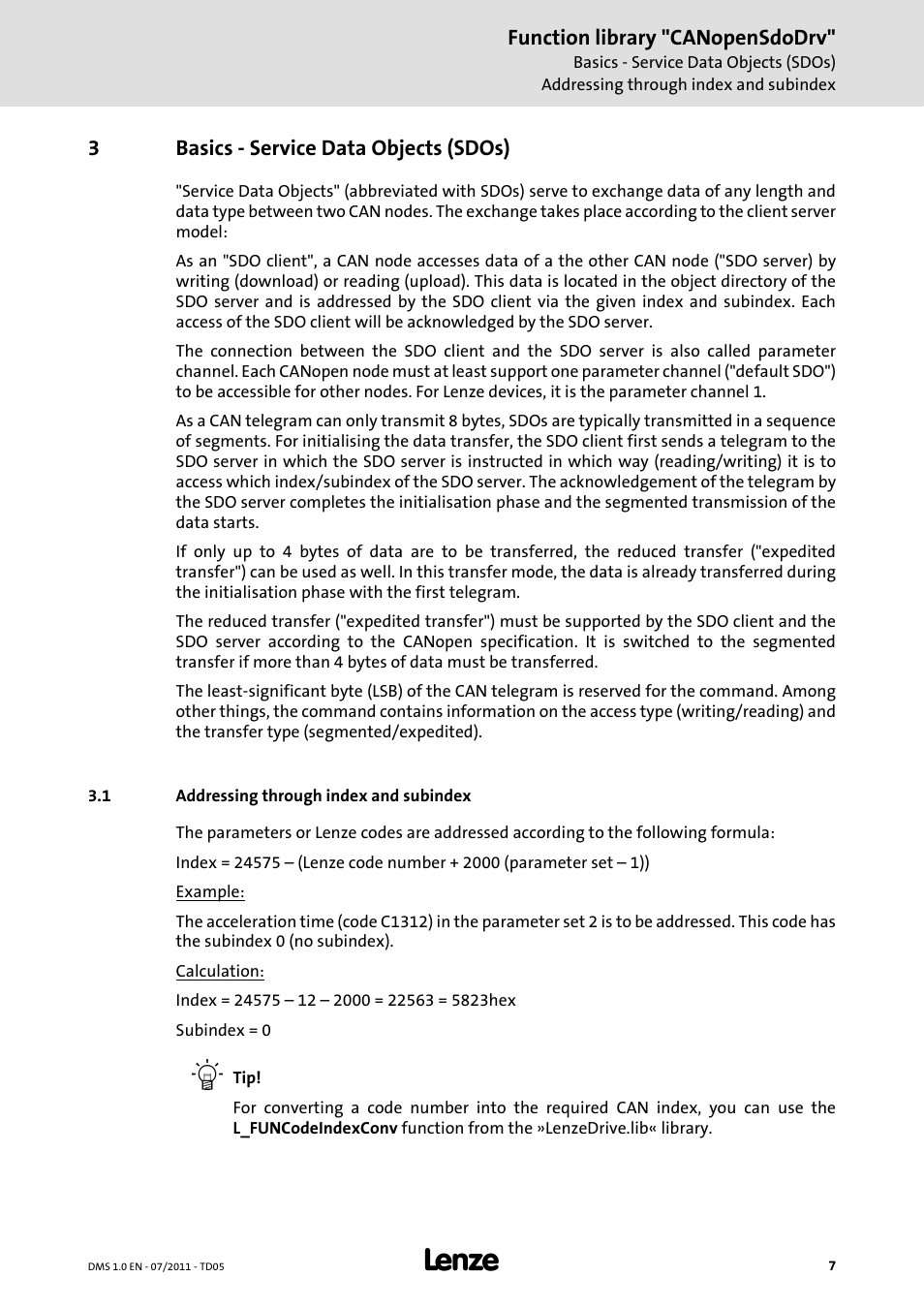 3 basics - service data objects (sdos), 1 addressing through index and subindex, Basics - service data objects (sdos) | Addressing through index and subindex | Lenze Function library CANopenSdoDrv User Manual | Page 7 / 26