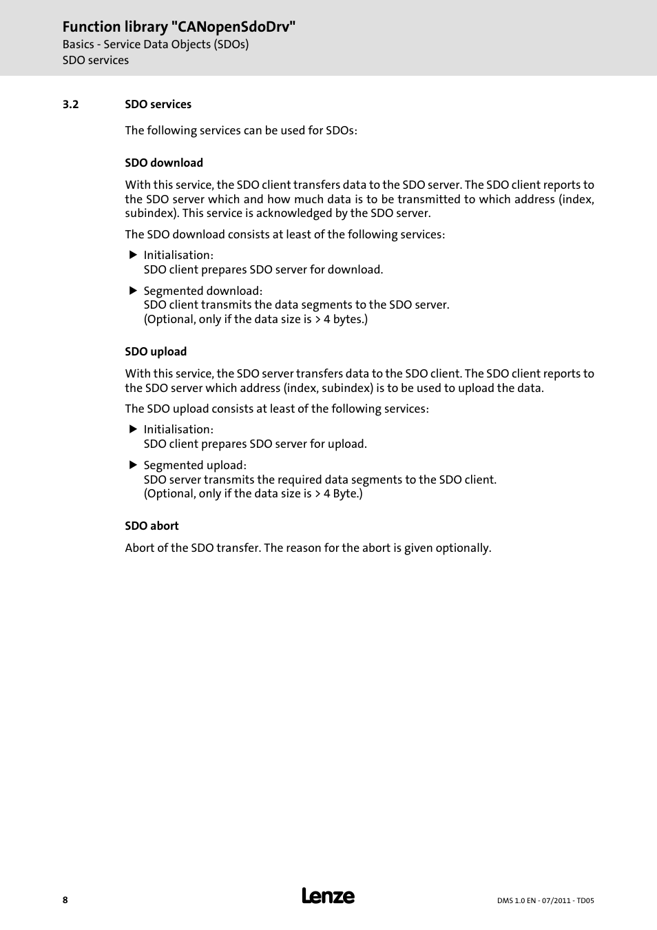 2 sdo services, Sdo services, Function library "canopensdodrv | Lenze Function library CANopenSdoDrv User Manual | Page 8 / 26