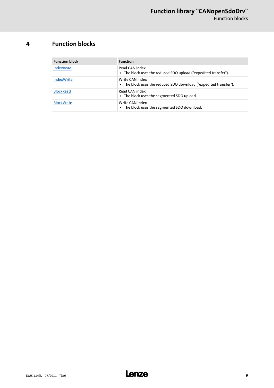 4 function blocks, Function blocks, Function library "canopensdodrv | 4function blocks | Lenze Function library CANopenSdoDrv User Manual | Page 9 / 26