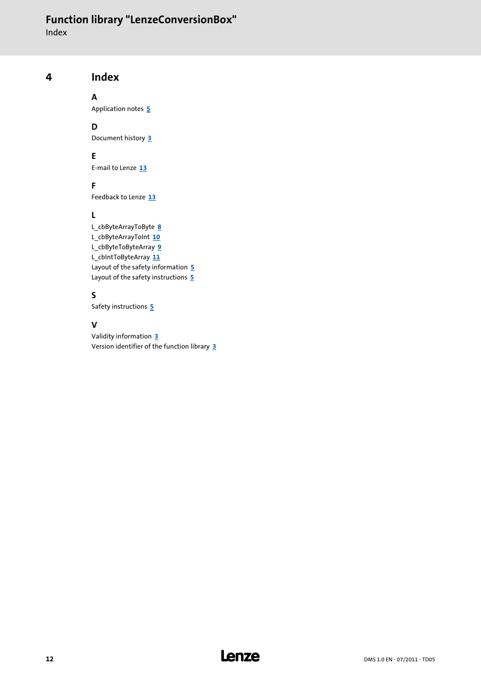 4 index, Index, Function library "lenzeconversionbox | 4index | Lenze Function library LenzeConversionBox User Manual | Page 12 / 14