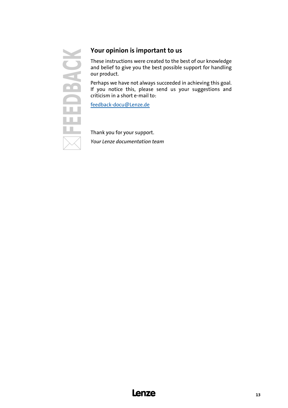 Your opinion is important to us | Lenze Function library LenzeConversionBox User Manual | Page 13 / 14