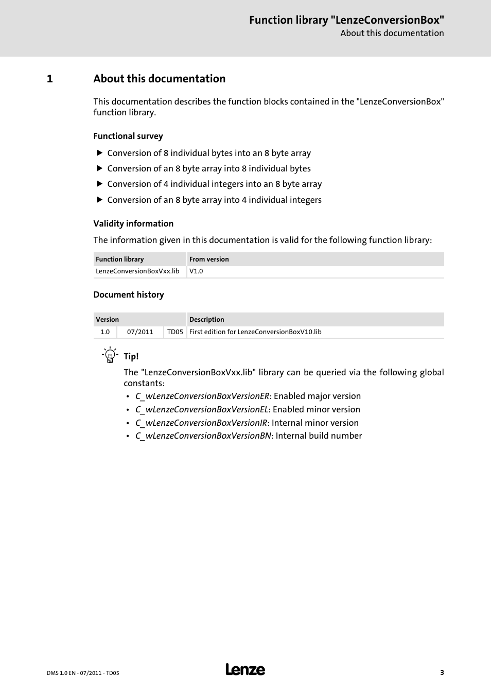 1 about this documentation, About this documentation, Function library "lenzeconversionbox | 1about this documentation | Lenze Function library LenzeConversionBox User Manual | Page 3 / 14