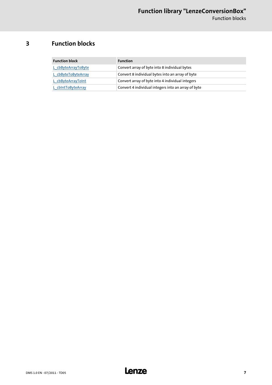 3 function blocks, Function blocks, Function library "lenzeconversionbox | 3function blocks | Lenze Function library LenzeConversionBox User Manual | Page 7 / 14