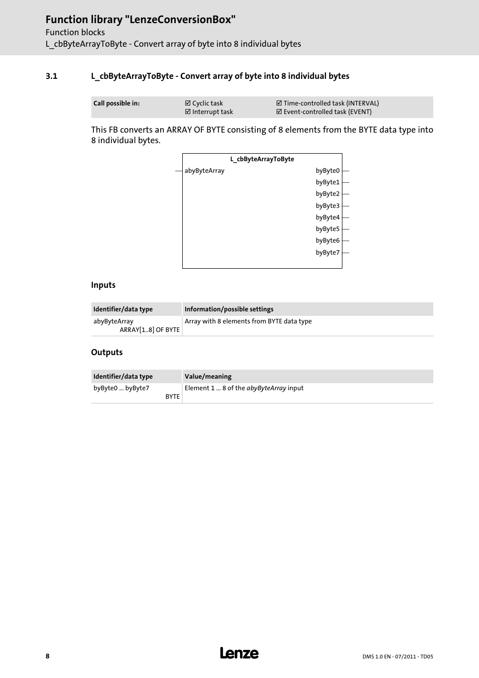 L_cbbytearraytobyte, Function library "lenzeconversionbox | Lenze Function library LenzeConversionBox User Manual | Page 8 / 14