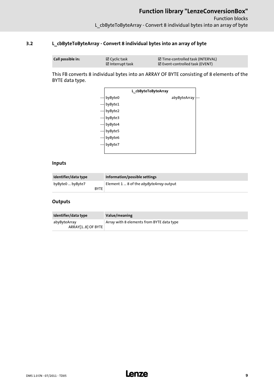 L_cbbytetobytearray, Function library "lenzeconversionbox | Lenze Function library LenzeConversionBox User Manual | Page 9 / 14