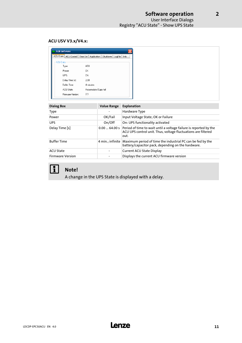Software operation | Lenze ACU UPS for Industrial PCs User Manual | Page 11 / 18