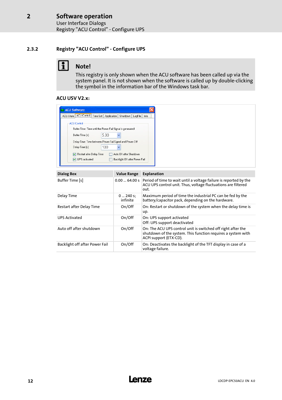 2 registry "acu control" - configure ups, Registry "acu control" − configure ups, Software operation | Lenze ACU UPS for Industrial PCs User Manual | Page 12 / 18