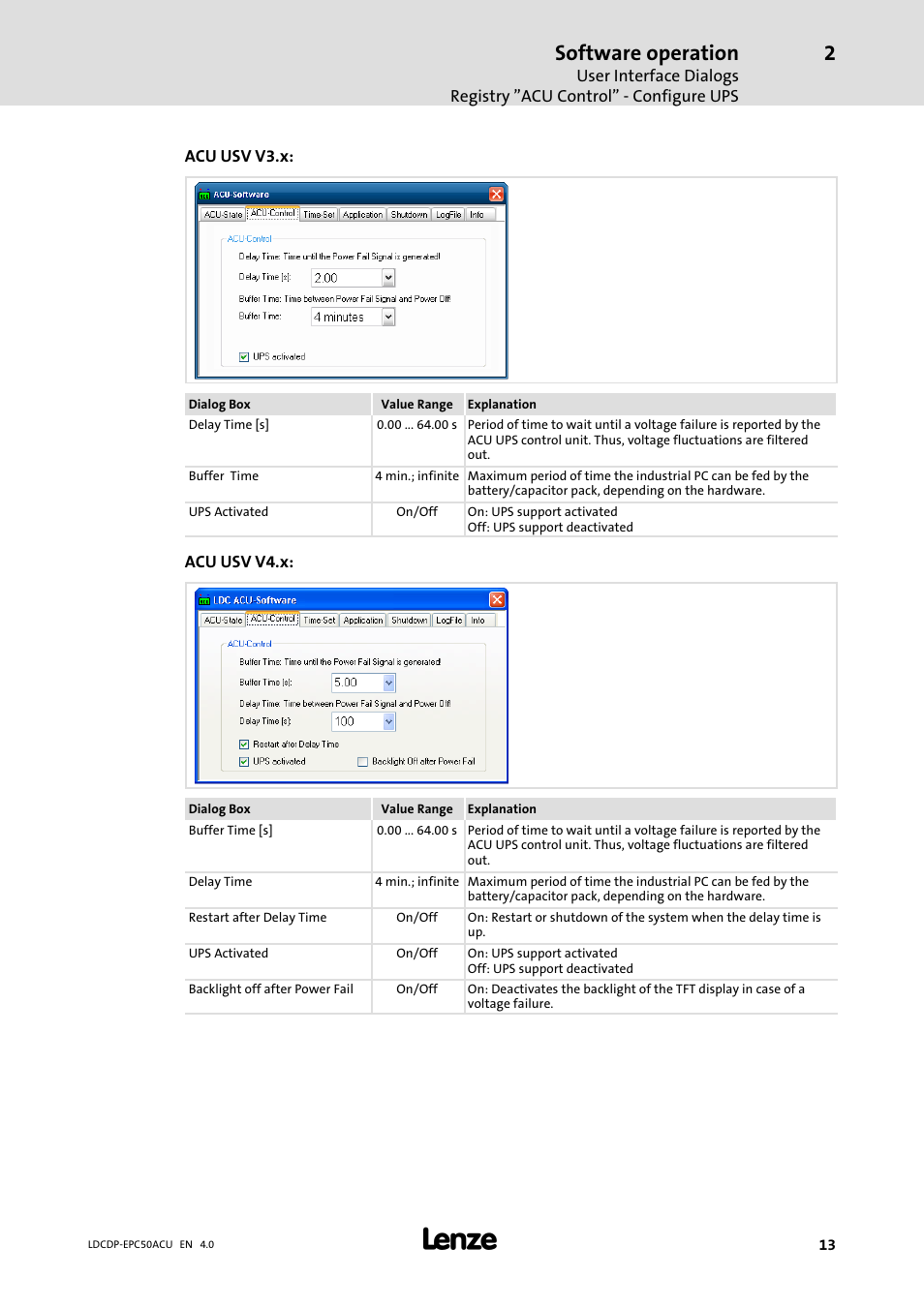 Software operation | Lenze ACU UPS for Industrial PCs User Manual | Page 13 / 18
