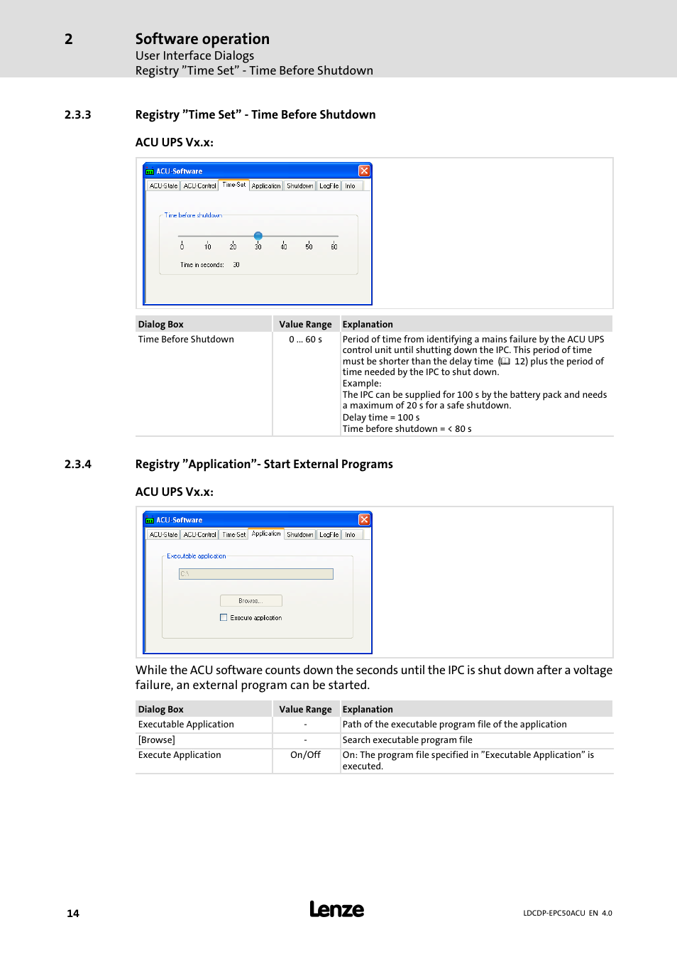 3 registry "time set" - time before shutdown, 4 registry "application"- start external programs, Registry "time set" − time before shutdown | Registry "application"− start external programs, Software operation | Lenze ACU UPS for Industrial PCs User Manual | Page 14 / 18