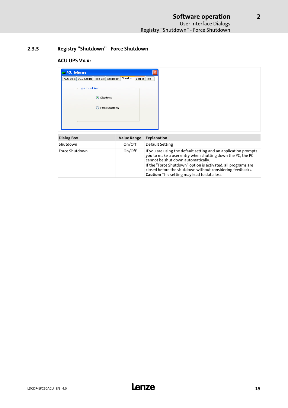 5 registry "shutdown" - force shutdown, Registry "shutdown" − force shutdown, Software operation | Lenze ACU UPS for Industrial PCs User Manual | Page 15 / 18
