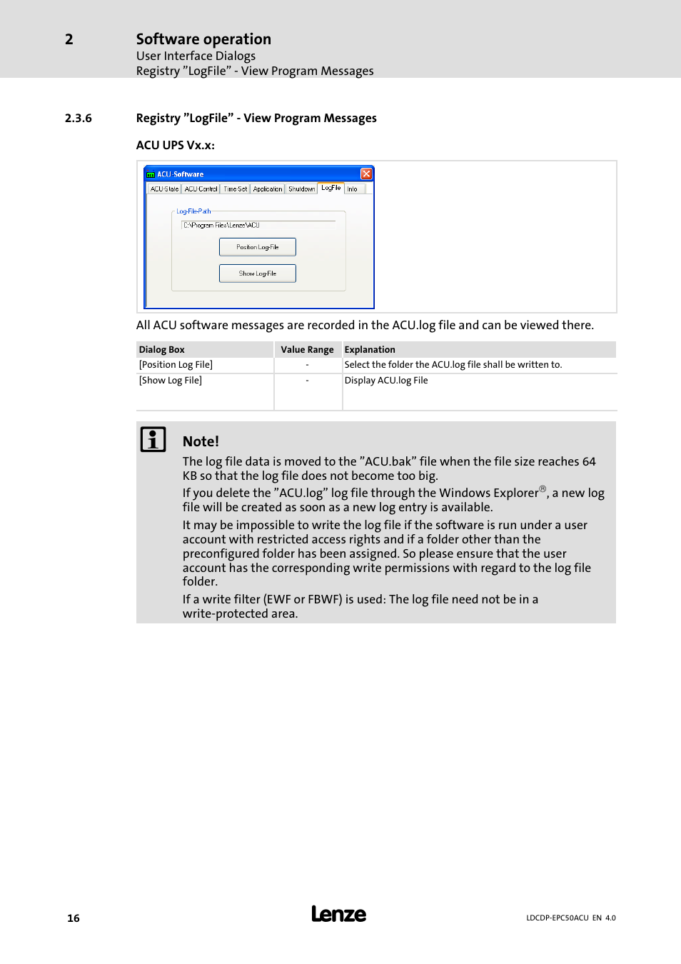 6 registry "logfile" - view program messages, Registry "logfile" − view program messages, Software operation | Lenze ACU UPS for Industrial PCs User Manual | Page 16 / 18