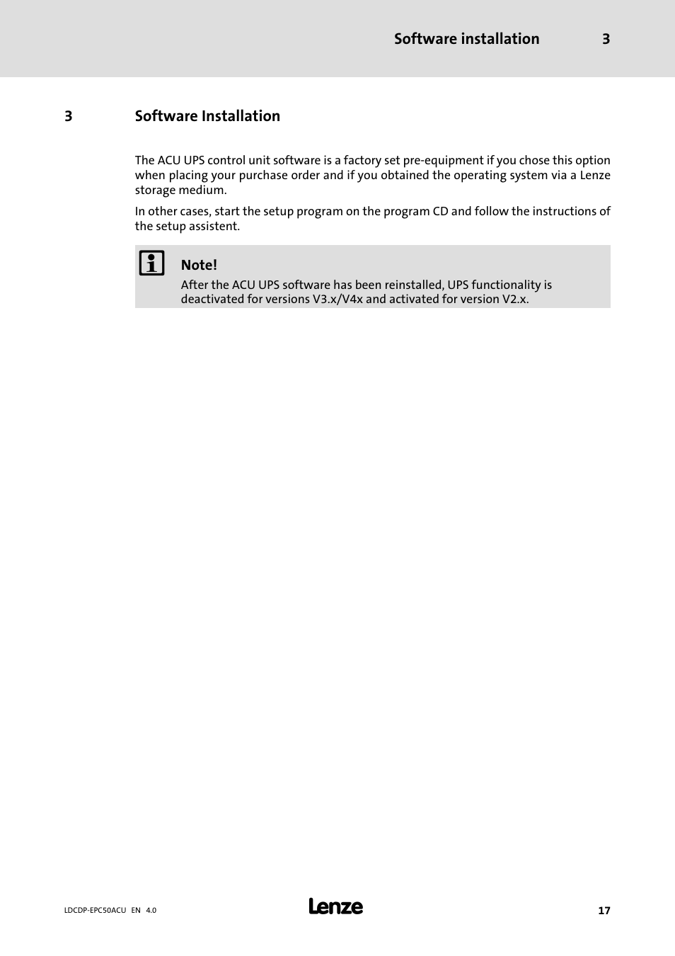 3 software installation, Software installation | Lenze ACU UPS for Industrial PCs User Manual | Page 17 / 18
